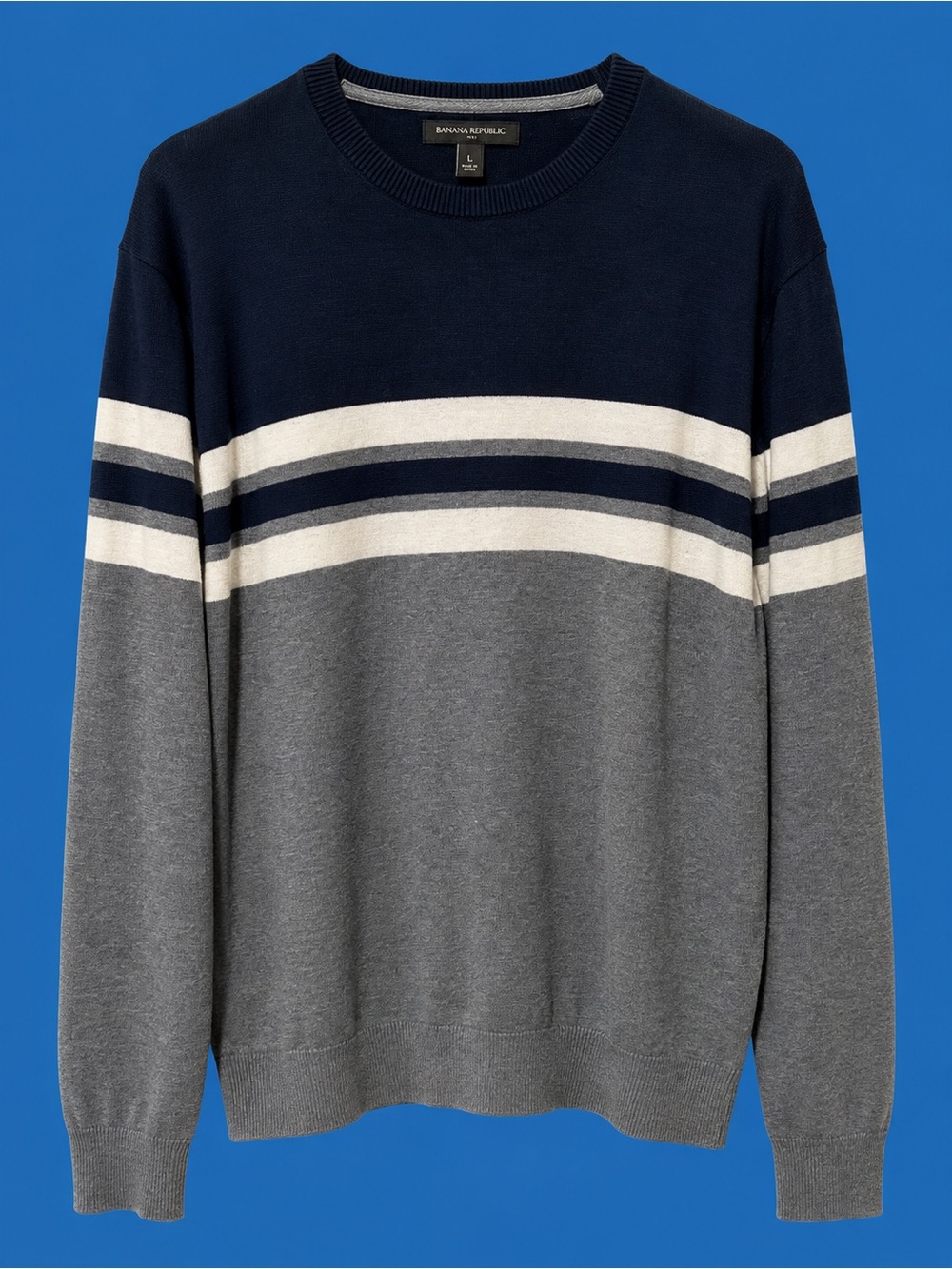 Banana Republic Men's Navy, Gray & White Striped Crewneck Sweater